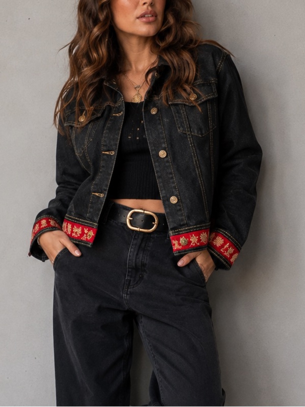 Twiggy London Dark Denim Jacket with Celestial Sun Moon Stars Embroidery M